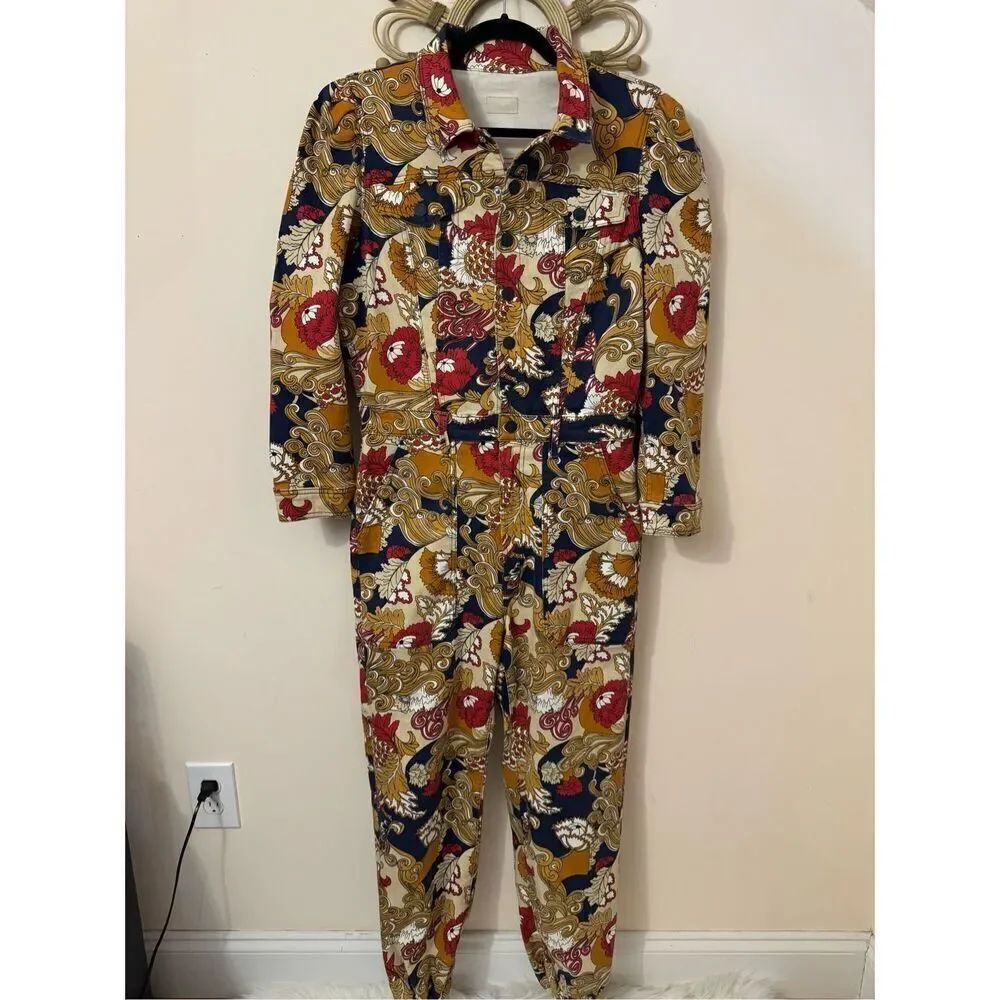 MOTHER The Puffy Wrapper Floral Denim Jumpsuit Flowers in Her Hair L